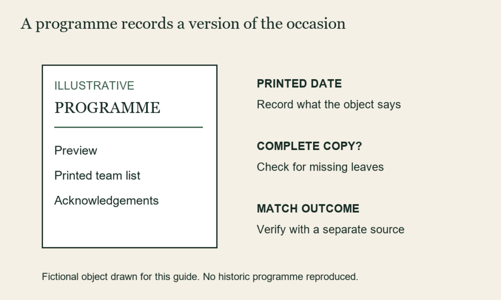 A fictional programme contains a preview, printed team list and acknowledgements. Its printed date, completeness and separately verified match outcome are distinct records.